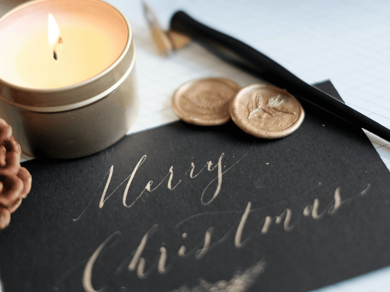 A finished homemade christmas card, made using a DIY Christmas card kit